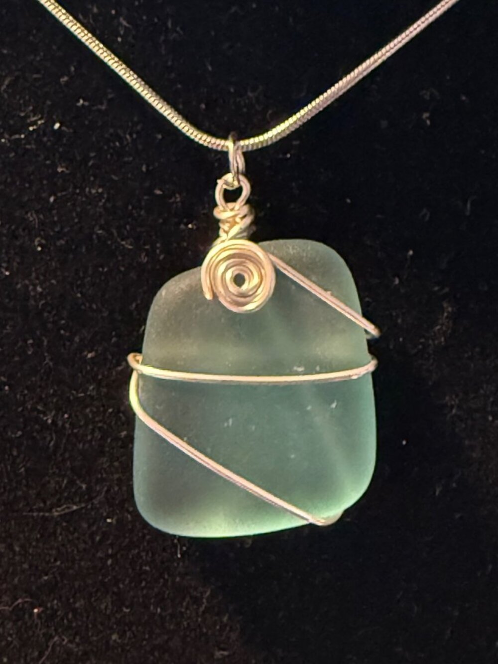 New Seafoam Green Blue Sea Glass Necklace With Silver Wire Wrap & Stainless Stee